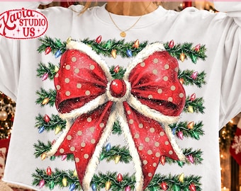 Christmas Bow Polka Dot Tree Stripes Trendy Distressed Png, Christmas Lights Png, Holiday Shirt Designs, Xmas Png Sublimation