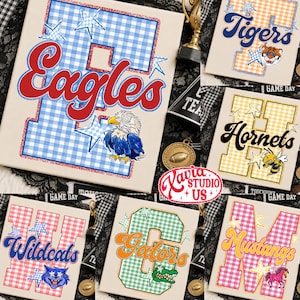 Custom Gingham School Mascot Game Day Retro Design Png, School Team Design, Varsity Letters, Back To School Sublimation, Preppy Whimsy Png