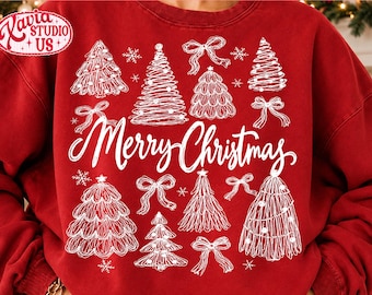 Retro Merry Christmas PNG, Coquette Bow Tree Outline Graphic, Trendy Santa Claus Xmas Sublimation Design, Aesthetic Holiday Digital File