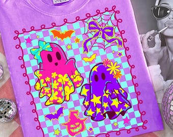 Floral Ghost Halloween Neon Png, Cute Ghost Coquette Png, Retro Checkered Ghost Png, Girly Halloween Shirt Design, Preppy Halloween Bow Png