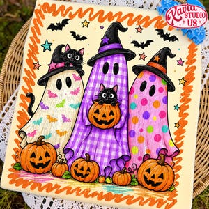 Preppy Halloween Ghost and Cat PNG, Colorful Leopard Ghost PNG, Glitter Tee Design, Viral Preppy Girly Ghost PNG, Black Cat Clipart