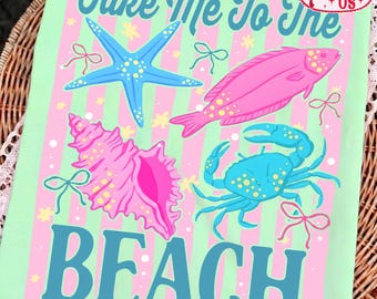 Take Me To The Beach png, trendy kustzomershirtontwerp, sublimatie strandcollage, ontwerp schelpen en zeester, trendy zomer