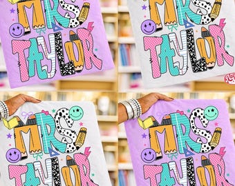 Preppy Teacher Name Pencil Coquette Bow Doodle Png, Custom Teacher Name Png, Teach Love Inspire Png, Checkered Sublimation, Leopard