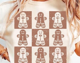 Hombre de jengibre a cuadros retro PNG, Navidad desgastada moderna PNG, Sublimación navideña, Diseño de camiseta navideña, Lindos cuadros navideños PNG