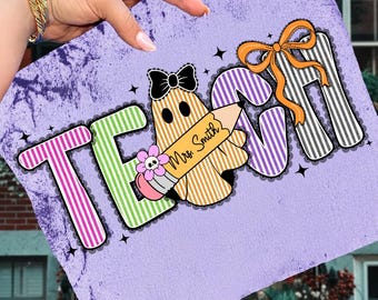 Preppy Teach Boo Ghost Coquette png, spook halloween png, herfst png, kant halloween png, leraar Halloween png, herfstleraar png, seersucker