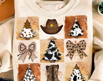 Retro Checkered Western Christmas Tree Png, Cowgirl Christmas Png, Howdy Christmas Tree Design, Distressed Christmas Png, Coquette Xmas