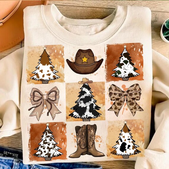 Retro Checkered Western Christmas Tree Png, Cowgirl Christmas Png, Howdy Christmas Tree Design, Distressed Christmas Png, Coquette Xmas