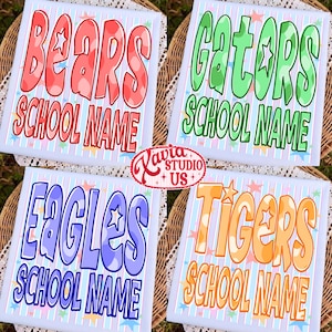 May include: Four square signs with team names: Bears, Gators, Eagles, and Tigers. Each sign has a team name in bold, bubble letters with a star accent, and the words "SCHOOL NAME" below. The background is light blue with stripes and stars.