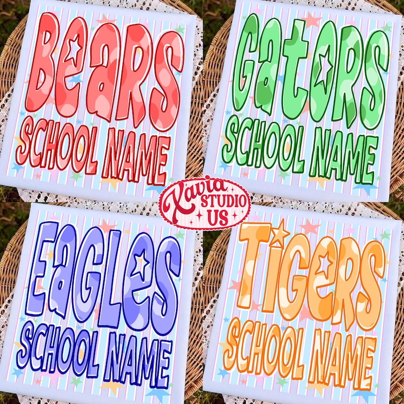 May include: Four square signs with team names: Bears, Gators, Eagles, and Tigers. Each sign has a team name in bold, bubble letters with a star accent, and the words "SCHOOL NAME" below. The background is light blue with stripes and stars.