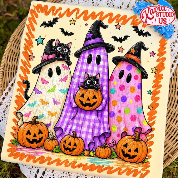 Preppy Halloween Ghost and Cat PNG, Colorful Leopard Ghost PNG, Glitter Tee Design, Viral Preppy Girly Ghost PNG, Black Cat Clipart