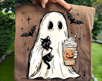Vintage Halloween Ghost with Black Cats Graphic Ghost Cat Png Halloween Ghost Png Spooky Season Cat Halloween Cats Shirt Png Digital File