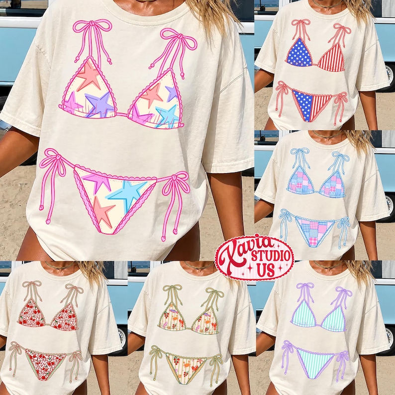 Pode incluir: T-shirts creme com v&aacute;rios designs de biqu&iacute;nis. Os designs incluem padr&otilde;es de estrelas, motivos da bandeira americana, patchwork, estampas florais e padr&otilde;es listrados. Cada design de biqu&iacute;ni &eacute; impresso na frente da camiseta.
