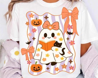 Halloween-spookcoquette png, boeken voor spooklezen shirtontwerp, preppy bloemenspook, leesgrage Halloween-leraarsublimatie, pompoenstrik png
