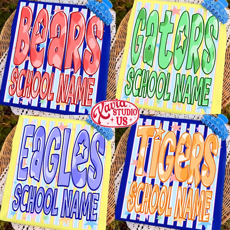 May include: Four colorful school spirit signs with team names: Bears, Gators, Eagles, and Tigers. Each sign features a team name and the words "School Name" in a bold, playful font. The signs are decorated with stars and stripes.