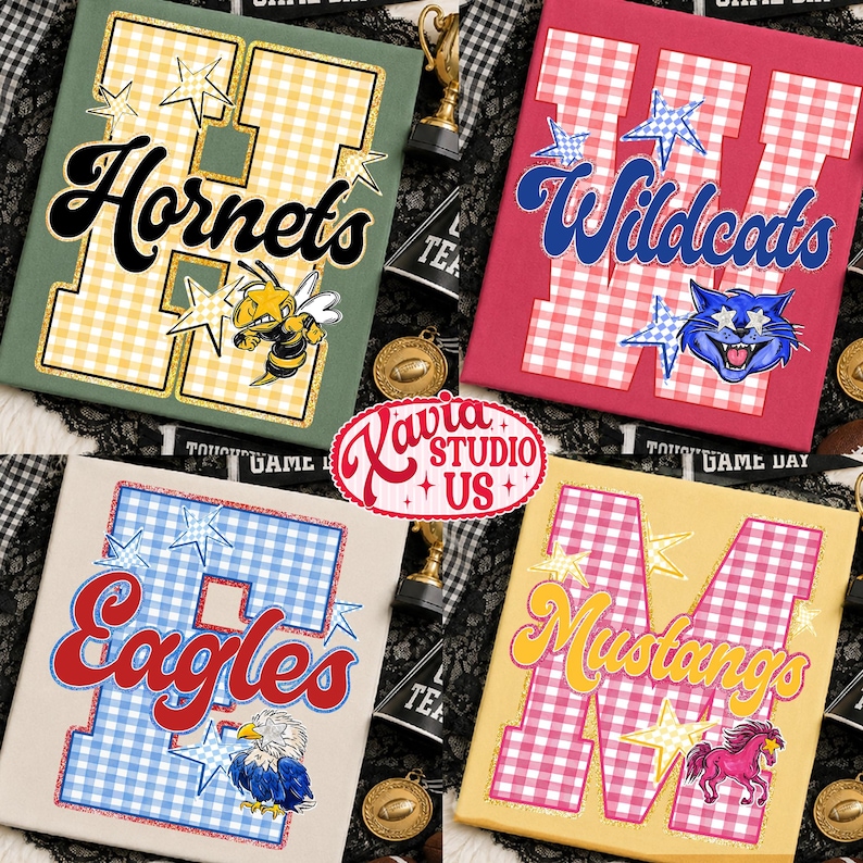 May include: Four rectangular canvas prints featuring large block letters with a gingham pattern. The prints display the words Hornets, Wildcats, Eagles, and Mustangs in cursive script, accompanied by star graphics and illustrations of a bee, cat, eagle, and horse.