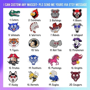 May include: A grid of 20 mascot illustrations featuring animals and figures wearing star-shaped glasses. Text at the top reads: I CAN CUSTOM ANY MASCOT- PLS SEND ME YOURS VIA ETSY MESSAGE. Each mascot is numbered and labeled with names like Gators, Cardinals, and Bulldogs.
