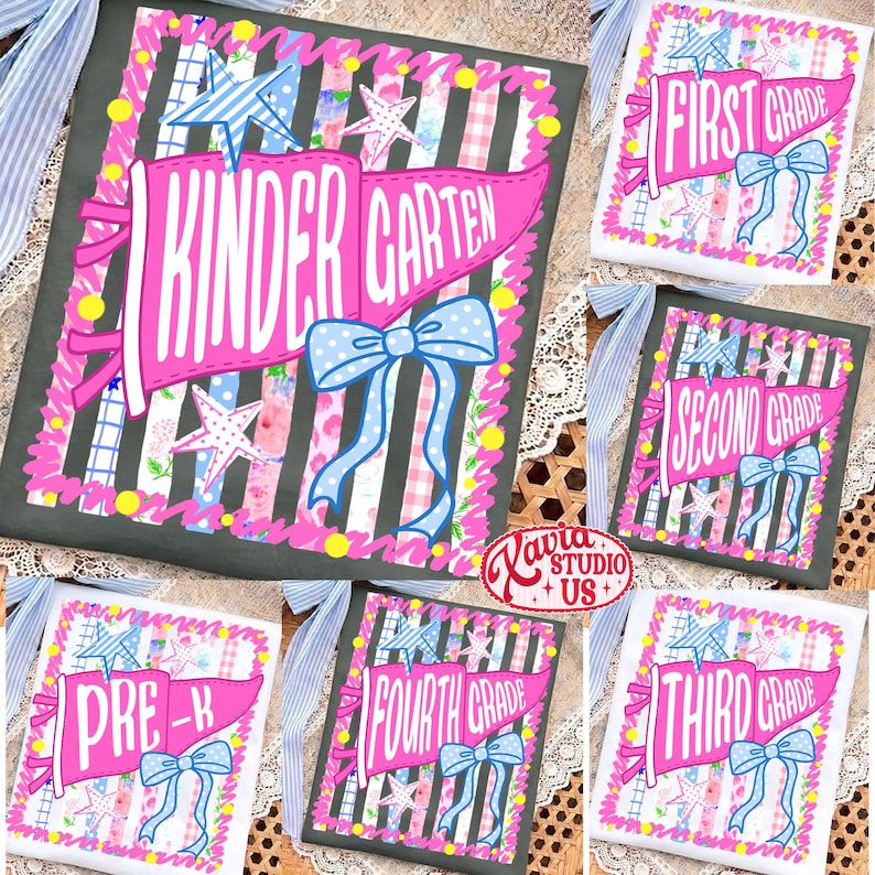 May include: A white t-shirt featuring a pink pennant flag graphic with the text "KINDERGARTEN", "FIRST GRADE", "SECOND GRADE", "THIRD GRADE", "FOURTH GRADE", or "PRE-K". The design includes a blue polka dot bow, stars, and vertical stripes.