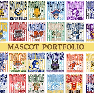 May include: A collection of twenty-four square graphic designs featuring various school mascots and team names. Each design includes a stylized animal or character illustration, bold text, and star accents over a vertical striped background.