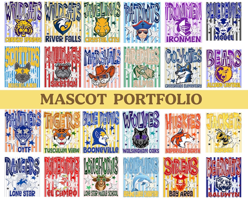 May include: A collection of twenty-four square graphic designs featuring various school mascots and team names. Each design includes a stylized animal or character illustration, bold text, and star accents over a vertical striped background.