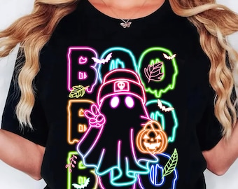 Cute Colorful Neon Boo Ghost Png, Halloween Boo Bow Png, Neon Halloween Png, Boo Ghost Shirt Png, Cute Boo Halloween Sublimation Design