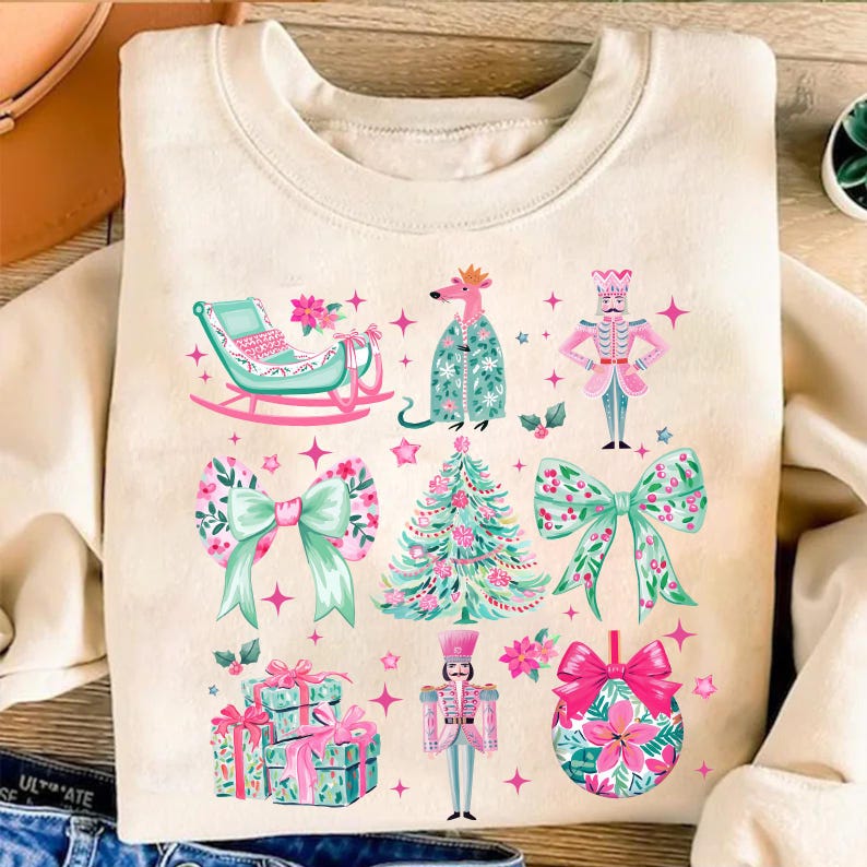 Floral Christmas Nutcracker Png, Pink & Green Coquette Bow Png, Girly Christmas Png, Merry Christmas Png, Preppy Pink Christmas Png