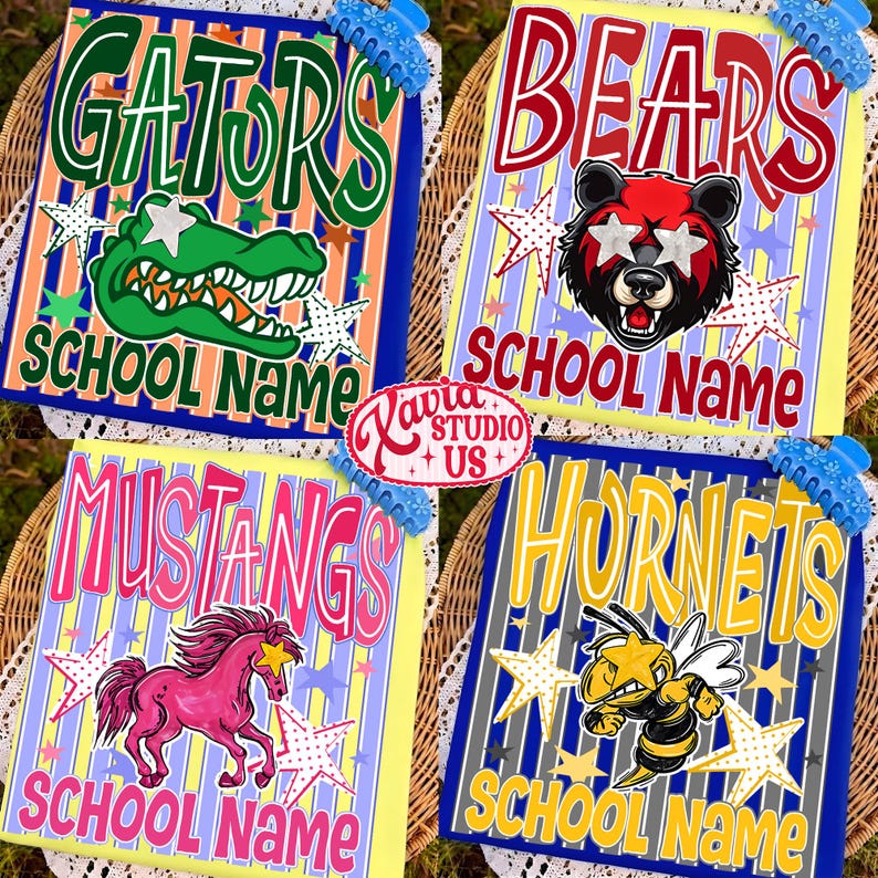 May include: Four rectangular graphic prints featuring school mascots and text. One shows a green alligator with the text GATORS SCHOOL NAME, one a bear with BEARS SCHOOL NAME, one a pink horse with MUSTANGS SCHOOL NAME, and one a bee with HORNETS SCHOOL NAME.