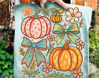 Colorful floral pumpkin bow png, Coquette Pumpkin PNG, Autumn PNG, Faux Glitter Png, brushstroke pumpkin, Girly Png, Trendy thanksgiving png