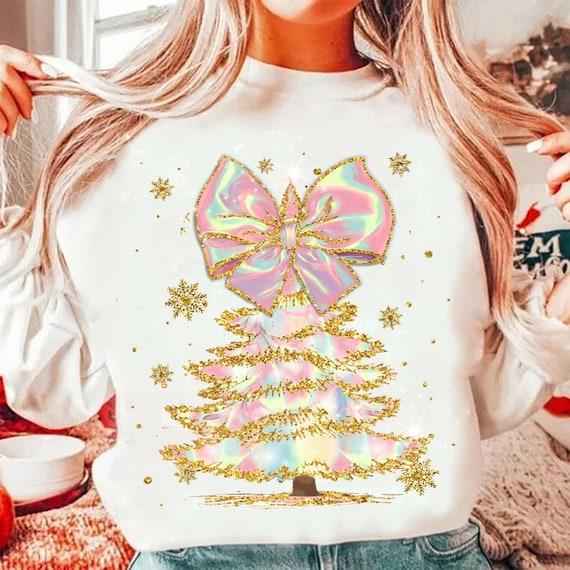 Iridescent Christmas Tree PNG, Coquette Christmas Png, Iridescent Christmas Png, Girly Christmas Png, Colorful Glitter Christmas Tree Png