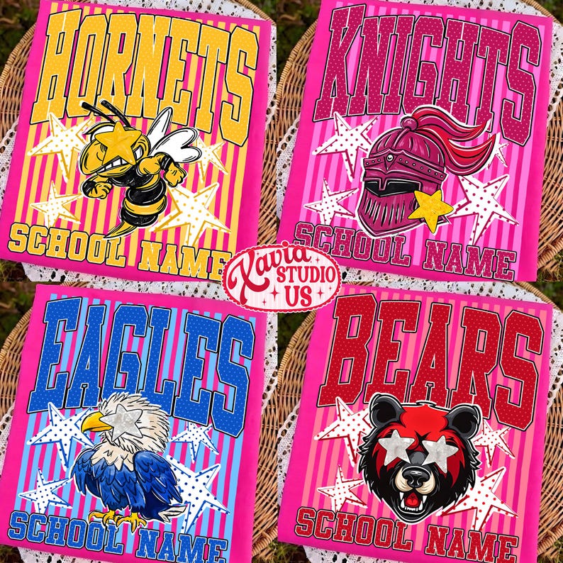 May include: Four rectangular graphic prints featuring school mascots: a yellow hornet, a pink knight helmet, a blue eagle, and a red bear. Each design includes the text SCHOOL NAME, bold team names, and white star patterns on pink striped backgrounds.