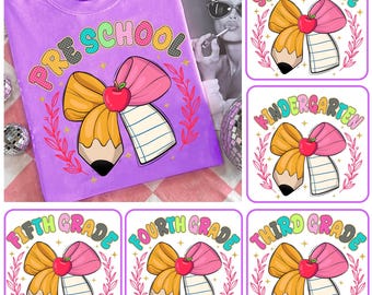 Preppy Teacher Back to School-bundel PNG, girly geruite sublimatie, Pre-k 1e/2e/3e leerjaar, Coquette First Day School Grade, digitaal bestand