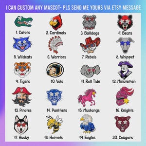 May include: A grid of twenty colorful mascot illustrations, each featuring a character with star-shaped eyes. The text at the top reads: I CAN CUSTOM ANY MASCOT- PLS SEND ME YOURS VIA ETSY MESSAGE. Each mascot is numbered and labeled with names like Gators, Cardinals, Bulldogs, Bears, Wildcats, Warriors, Rebels, Whippet, Tigers, Vols, Roll Tide, Minutemen, Pirates, Panthers, Mustangs, Knights, Husky, Hornets, Eagles, and Coug
