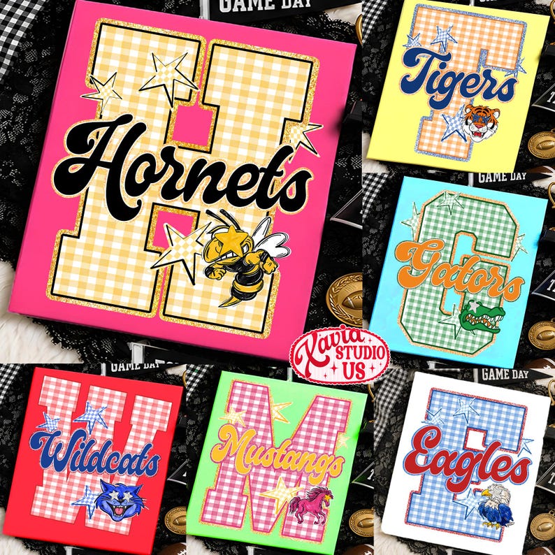 Custom Gingham School Mascot Game Day Retro Design Png, School Team Design, Varsity Letters, Back To School Sublimation, Preppy Whimsy Png image 4