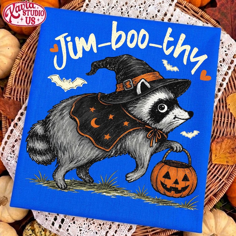 May include: A bright blue rectangular canvas print featuring a gray raccoon wearing a black witch hat and a black cape with orange stars and a crescent moon. The raccoon holds an orange jack-o'-lantern bucket. The text Jim-boo-thy is printed above.