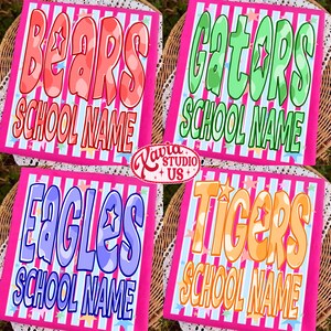 May include: Four square pink and white striped designs with school team names: Bears, Gators, Eagles, and Tigers. Each design has a team name in large, bubble letters and the words "SCHOOL NAME" below. A logo for "Kavia Studio US" is in the center.
