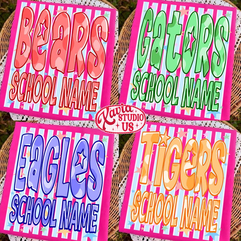 May include: Four square pink and white striped designs with school team names: Bears, Gators, Eagles, and Tigers. Each design has a team name in large, bubble letters and the words "SCHOOL NAME" below. A logo for "Kavia Studio US" is in the center.