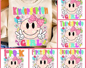 Preppy Zurück zu Schulmädchen PNG Smiley Kariertes Bündel, Kindergarten Kind Design, Erster Tag PNG, Pre-K bis Vierte Klasse Png, Schulmädchen-Datei