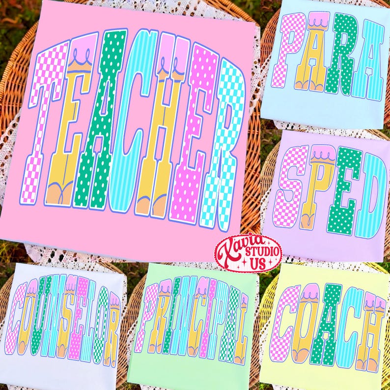 Neon Polka Dots Teacher Png Bundle, Preppy School Occupation Png, First Day Of School Png, Striped Teacher Sped Para Counselor Png