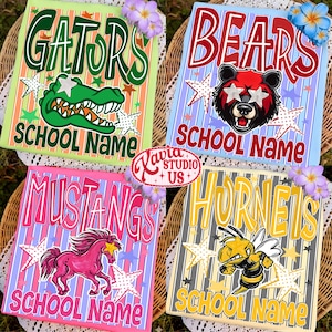May include: Four rectangular graphic prints featuring school mascots: a green alligator, a red and black bear, a pink horse, and a yellow hornet. Each design includes the mascot name, the text SCHOOL NAME, and star patterns on striped backgrounds.