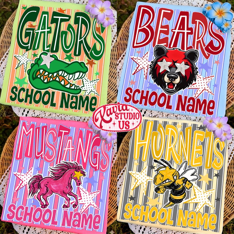 May include: Four rectangular graphic prints featuring school mascots: a green alligator, a red and black bear, a pink horse, and a yellow hornet. Each design includes the mascot name, the text SCHOOL NAME, and star patterns on striped backgrounds.
