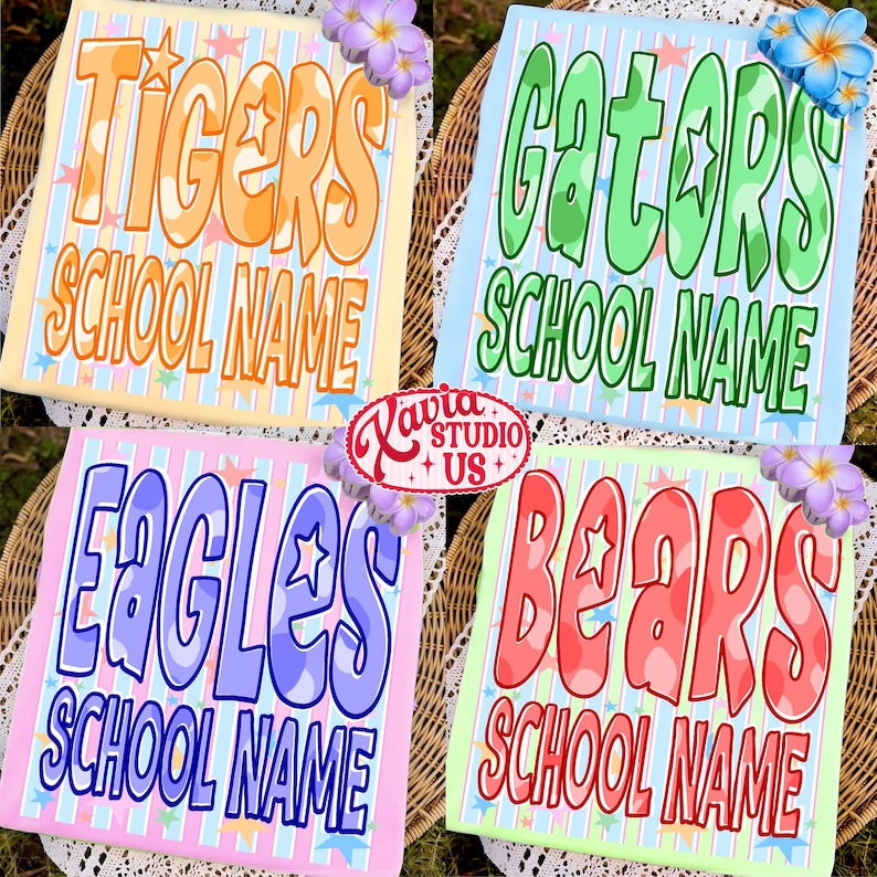 May include: Four colorful school-themed signs with the words "Tigers", "Gators", "Eagles", and "Bears" in large, bubble letters. Each sign includes the text "School Name" and is decorated with stars and flowers. The signs are on a woven background.