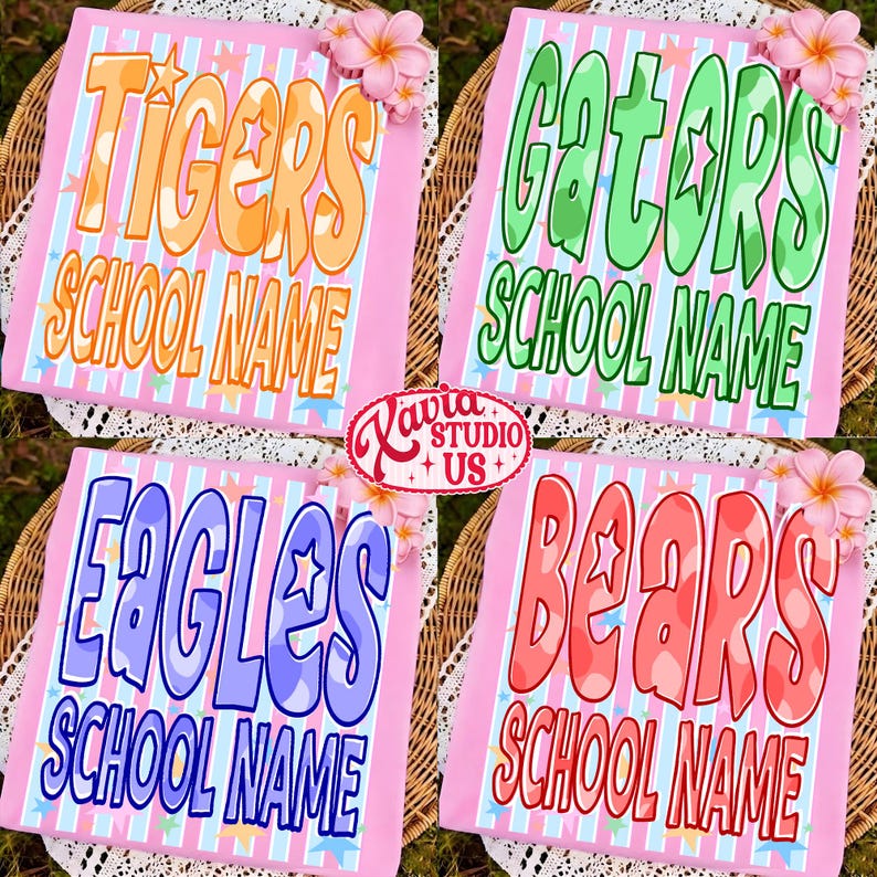 May include: Four pink signs with school team names: Tigers, Gators, Eagles, and Bears. Each sign has a team name in bold, colorful letters with a star accent, and the words "SCHOOL NAME" below. The signs are decorated with flowers.