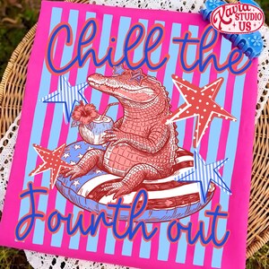 May include: Pink t-shirt with a graphic of an alligator wearing sunglasses and floating on an inner tube. The shirt has blue and white stripes and stars, with the words "Chill the Fourth out" in blue script.