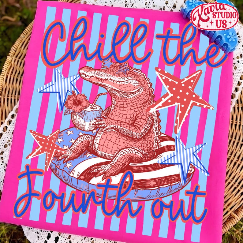 May include: Pink t-shirt with a graphic of an alligator wearing sunglasses and floating on an inner tube. The shirt has blue and white stripes and stars, with the words "Chill the Fourth out" in blue script.