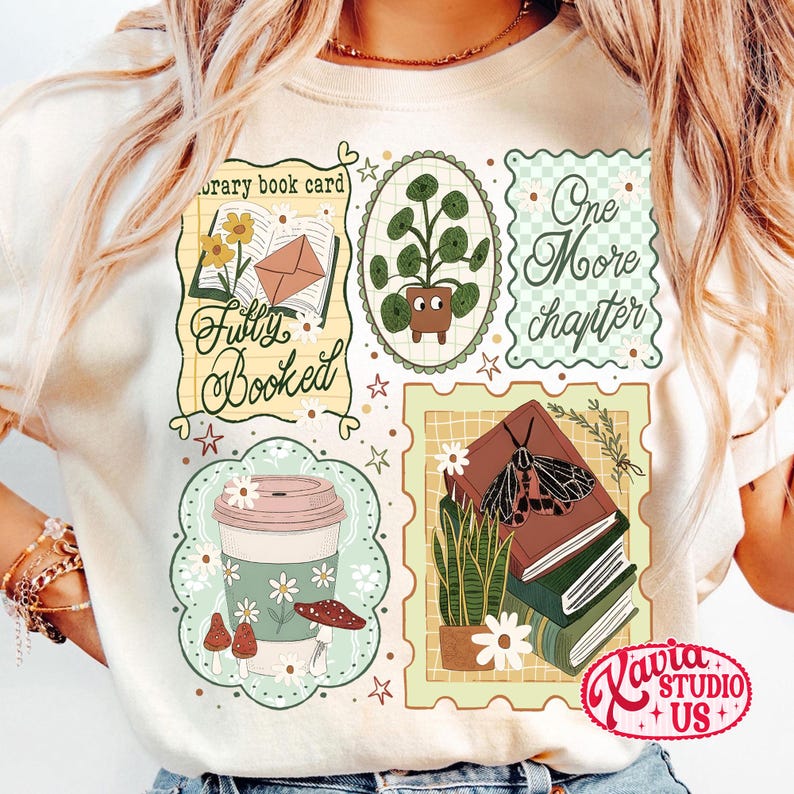 May include: Cream-colored t-shirt with a collage of book-themed illustrations. Designs include a coffee cup, potted plant, open book, and the words "Fully Booked" and "One More Chapter". The shirt has a floral and botanical theme.