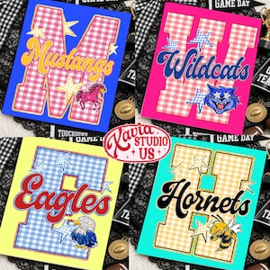 May include: Four rectangular graphic prints featuring large block letters with a pink and white gingham pattern. The designs include the words Mustangs, Wildcats, Eagles, and Hornets, accompanied by illustrations of a horse, cat, eagle, and hornet.