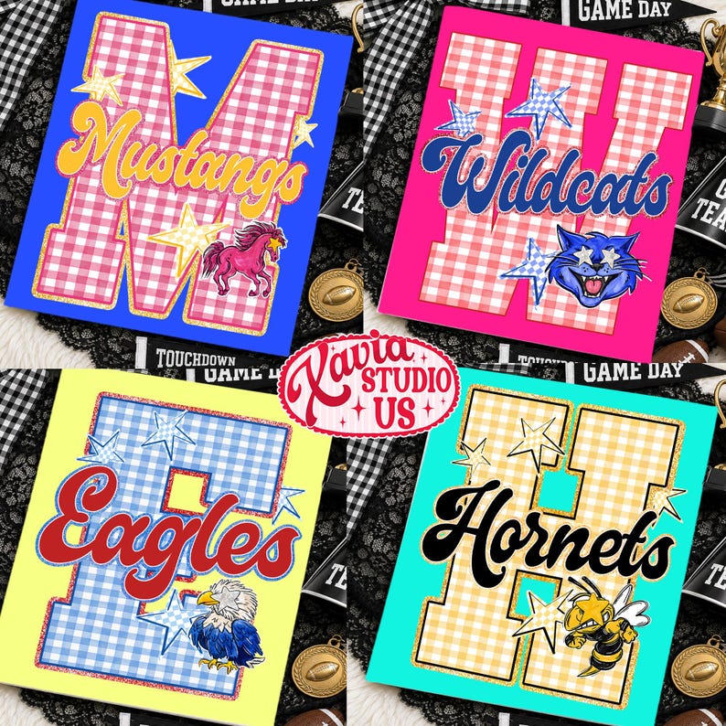 May include: Four rectangular graphic prints featuring large block letters with a pink and white gingham pattern. The designs include the words Mustangs, Wildcats, Eagles, and Hornets, accompanied by illustrations of a horse, cat, eagle, and hornet.