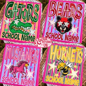 May include: Four rectangular graphic prints featuring school mascots: a green alligator, a red and black bear, a pink horse, and a yellow hornet. Each design includes the text SCHOOL NAME, star accents, and a striped background in vibrant colors.