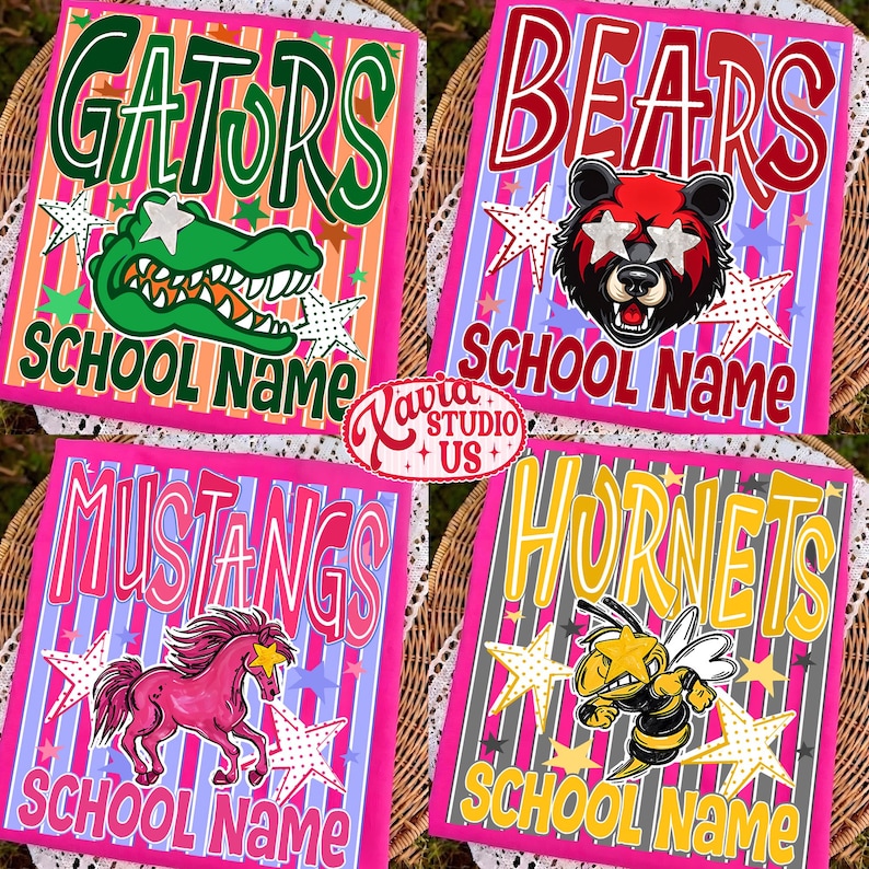May include: Four rectangular graphic prints featuring school mascots: a green alligator, a red and black bear, a pink horse, and a yellow hornet. Each design includes the text SCHOOL NAME, star accents, and a striped background in vibrant colors.