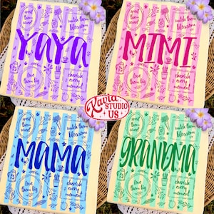 May include: Four decorative square signs with floral and striped designs. Each sign features a different name: YAYA in purple, MIMI in pink, MAMA in blue, and GRANDMA in green. The signs include botanical illustrations and phrases.
