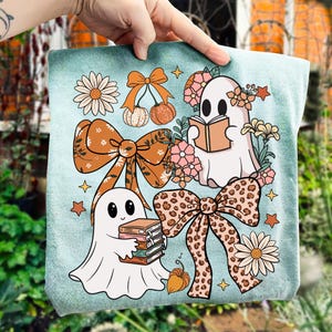 Ghost Books Halloween PNG, Floral Fall Halloween Ghost Png, Boho Pumpkin Coquette Png, Teacher Ghost Reading Books, Leopard Pumpkin Bow Png